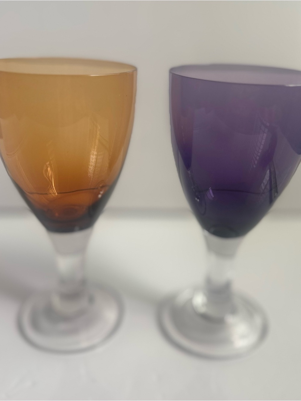 Set of Two Colored Stemmed Wine Glasses - Amber & Purple Accent